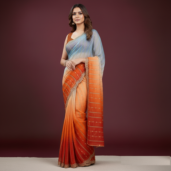 Glossy Dual Shade Fendy Satin Saree with Sequins Work
