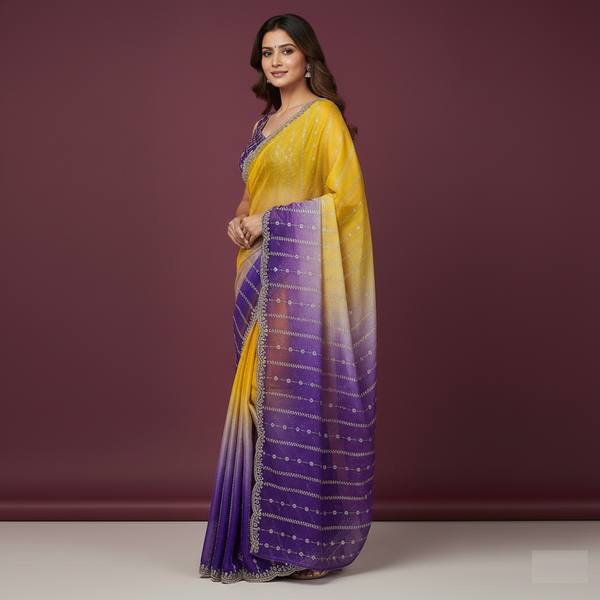 Glossy Dual Shade Fendy Satin Saree with Sequins Work