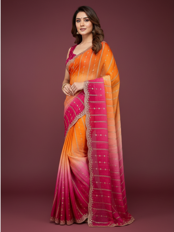 Glossy Dual Shade Fendy Satin Saree with Sequins Work