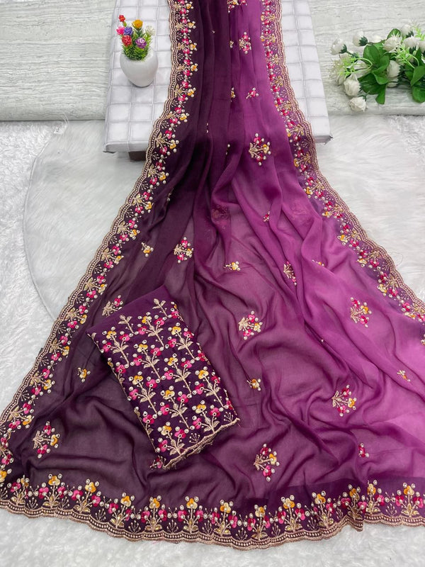 Elegant Georgette Embroidered Party Wear Saree with Running Embroidery Blouse