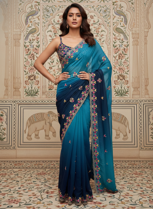 Elegant Georgette Embroidered Party Wear Saree with Running Embroidery Blouse