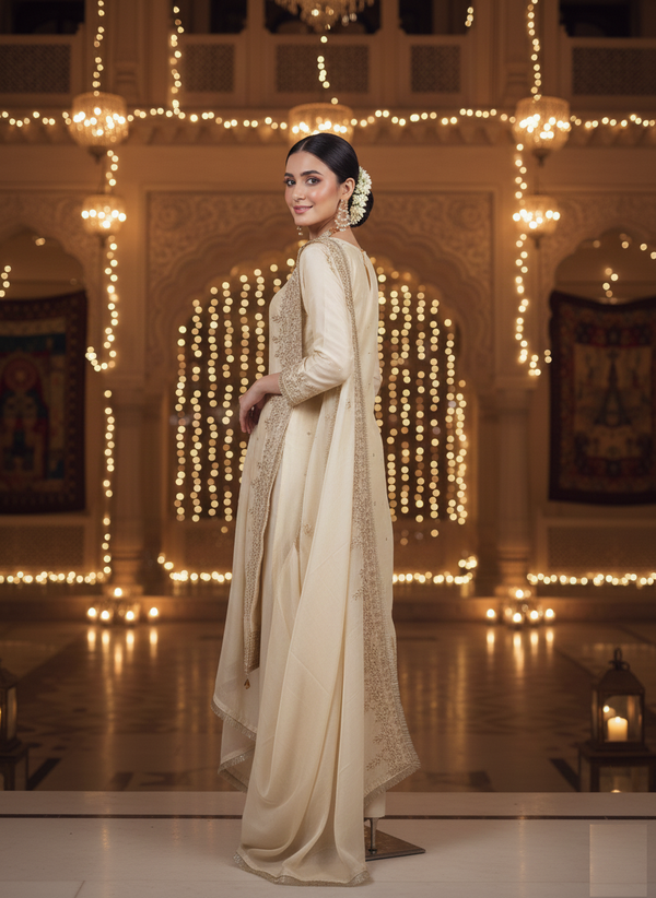 Elegant Embroidered GMY Chow Palazzo Set and Embroidery Sequence, Moti & Lace Work