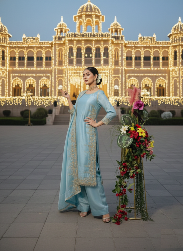 Elegant Embroidered GMY Chow Palazzo Set and Embroidery Sequence, Moti & Lace Work