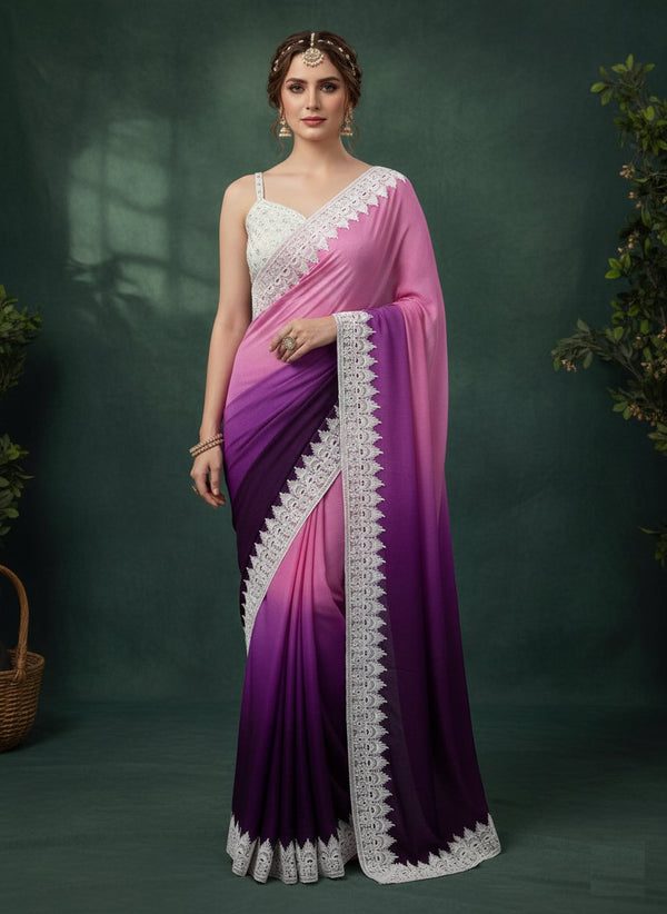 Two-Tone Chinon Chikankari Sequins Lace Designer Saree ✨