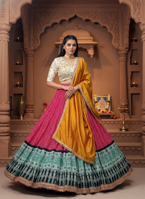 Bandhej Ajrakh Print Sequins Embroidered Festive Lehenga Set ✨