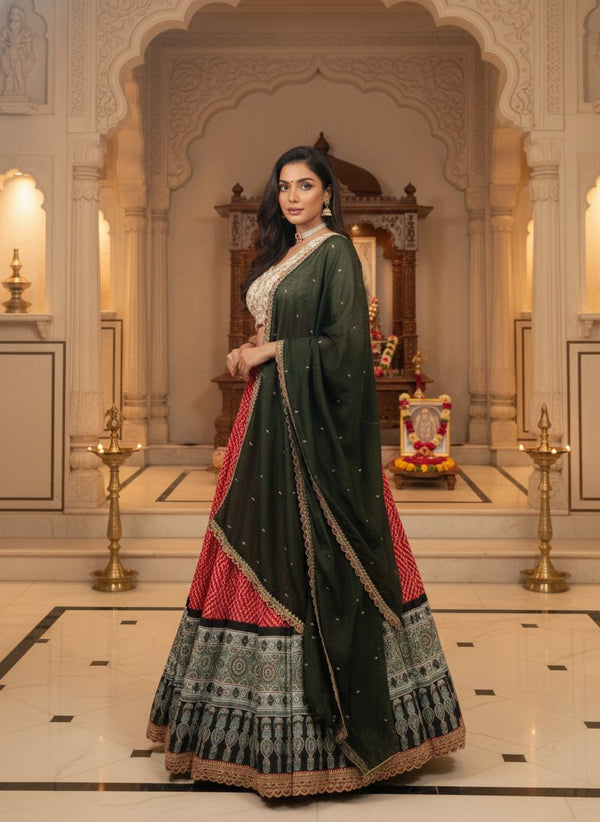 Bandhej Ajrakh Print Sequins Embroidered Festive Lehenga Set ✨