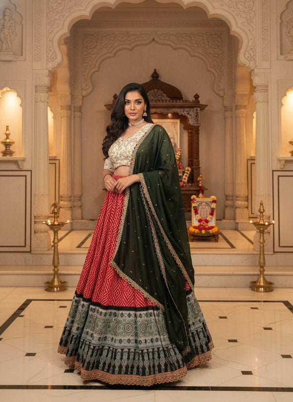 Bandhej Ajrakh Print Sequins Embroidered Festive Lehenga Set ✨