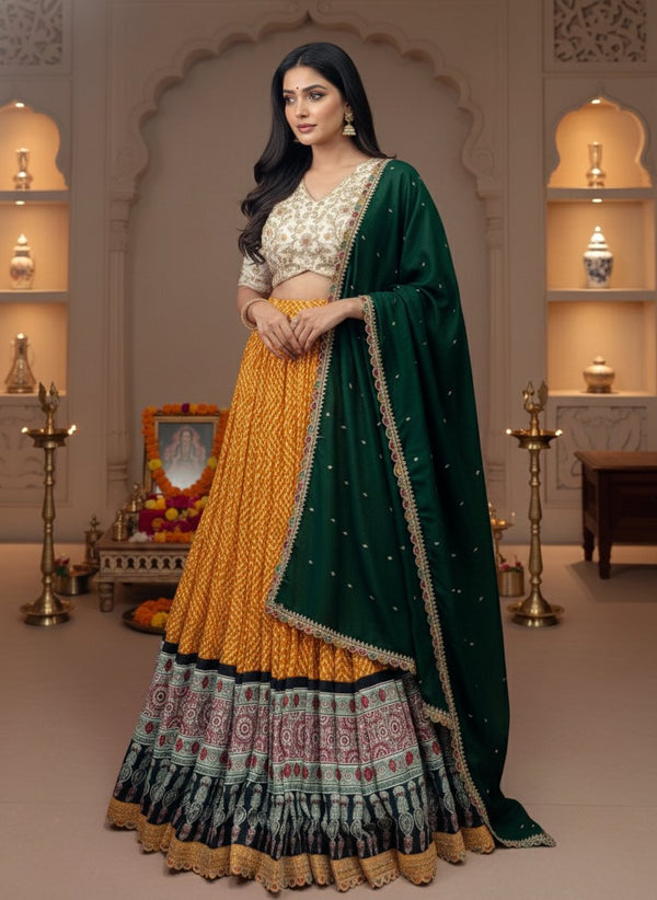 Bandhej Ajrakh Print Sequins Embroidered Festive Lehenga Set ✨