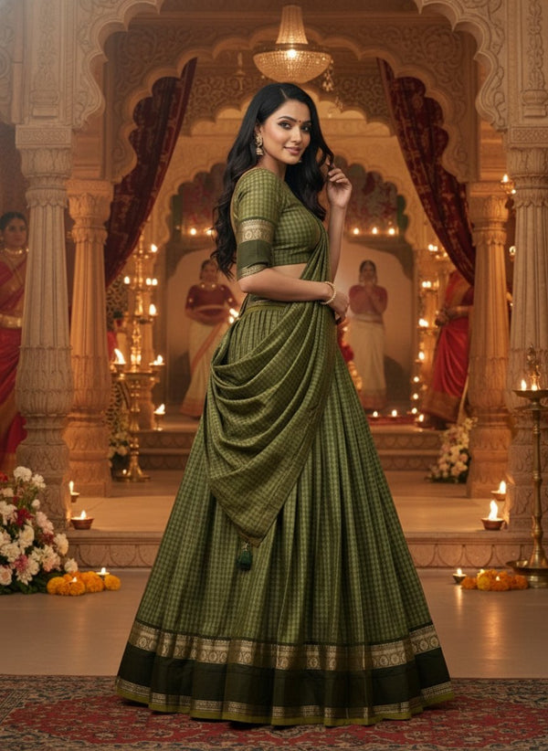 Chettinad Cotton Chex Zari Weaving Lehenga Set ✨