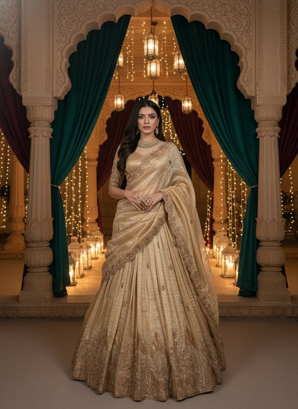 Gold Crush Sequins & Thread Embroidered Wedding Lehenga Set