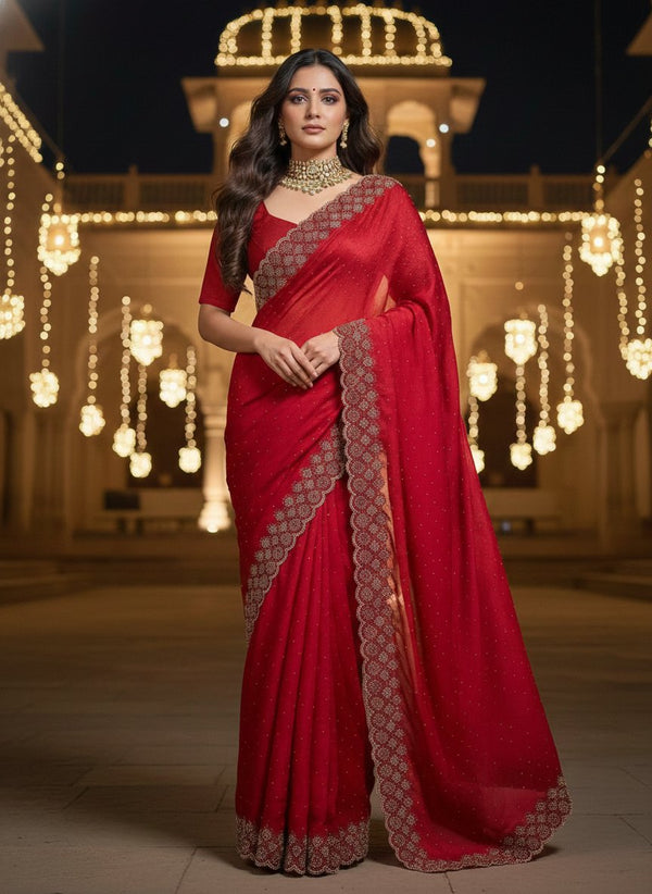 Designer Saree with Heavy Stone Embellished Scalloped Border