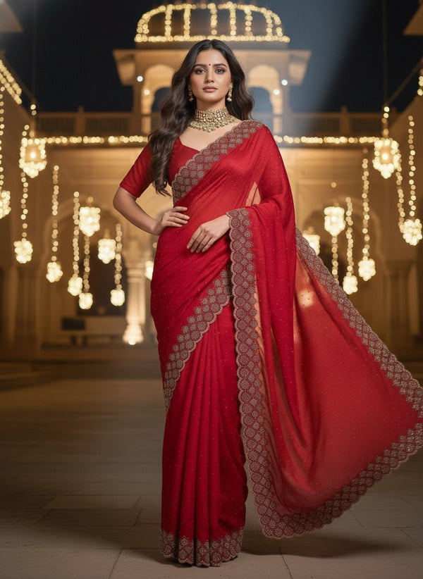 Designer Saree with Heavy Stone Embellished Scalloped Border