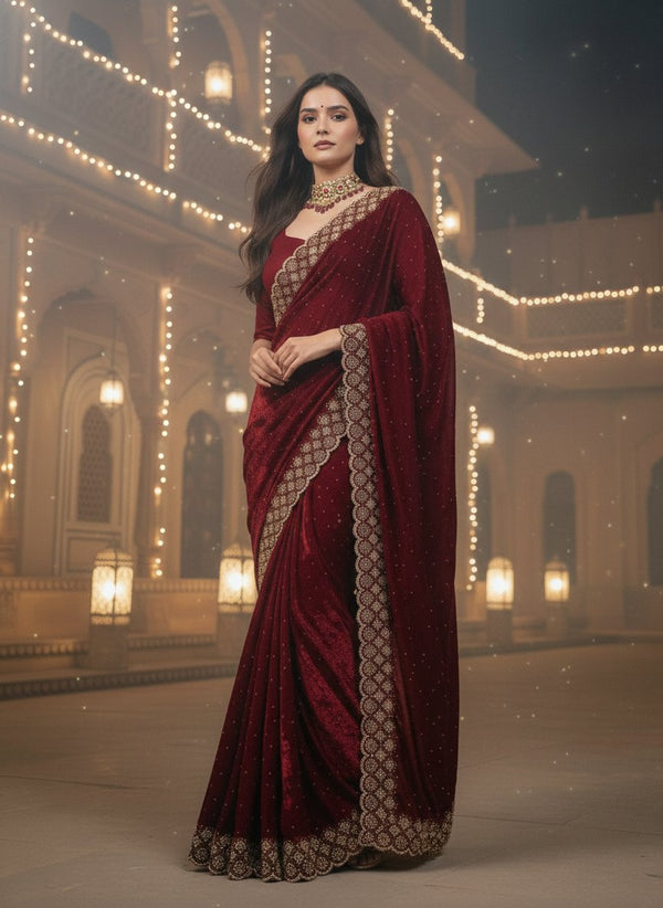 Designer Saree with Heavy Stone Embellished Scalloped Border