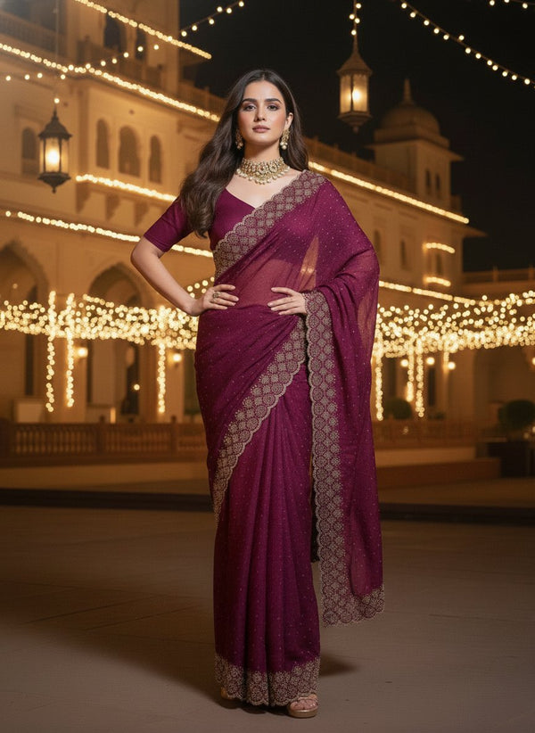 Designer Saree with Heavy Stone Embellished Scalloped Border