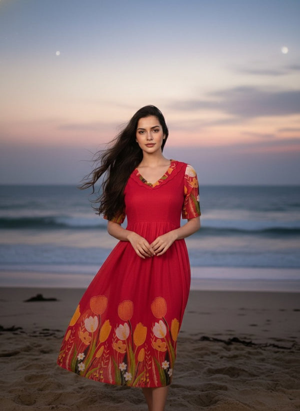 Midnight Garden Tulip Print Purple Maxi Gown with Ruffle Detail