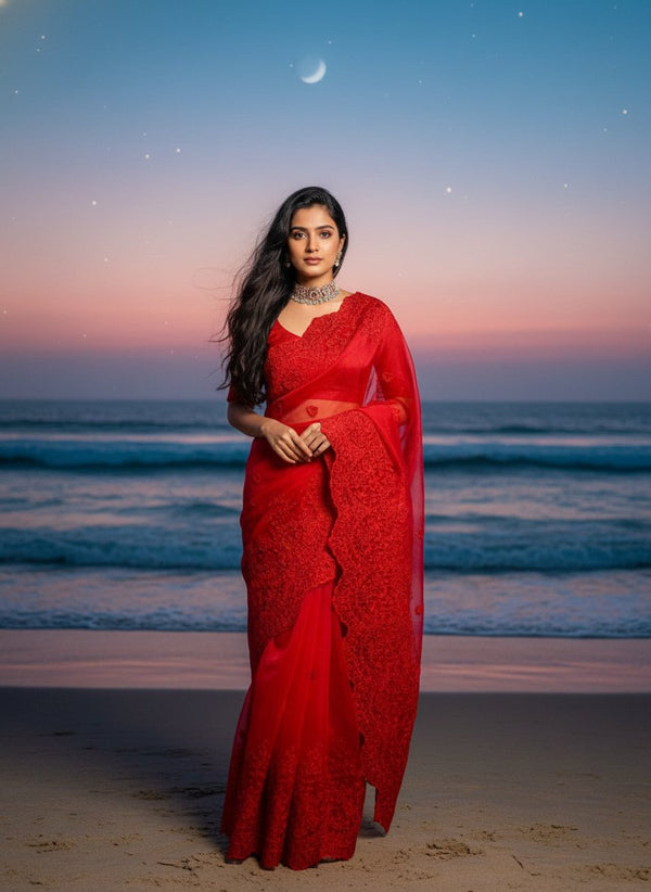 Organza Saree with Heavy Thread Work and Scalloped Border