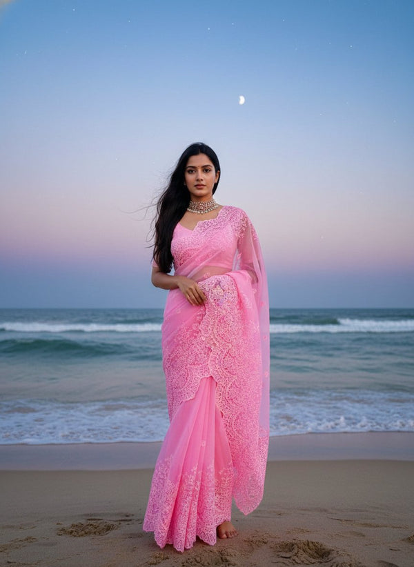 Organza Saree with Heavy Thread Work and Scalloped Border