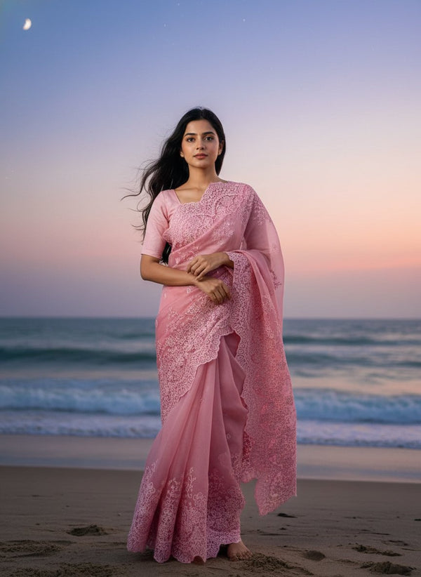 Organza Saree with Heavy Thread Work and Scalloped Border