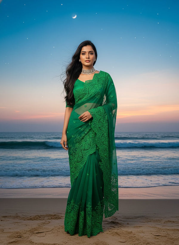 Organza Saree with Heavy Thread Work and Scalloped Border