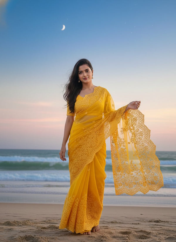 Organza Saree with Heavy Thread Work and Scalloped Border