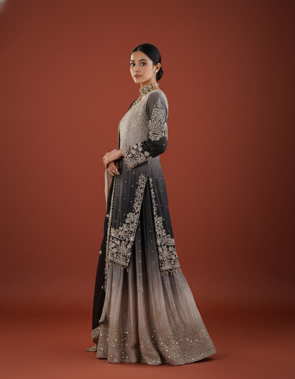 Festive Glam Chinon Silk 3-Piece Dual color Outfit with Sequins Rivet Moti Work