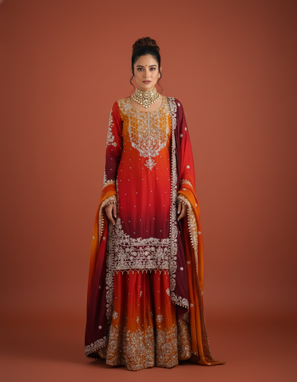 Festive Glam Chinon Silk 3-Piece Dual color Outfit with Sequins Rivet Moti Work