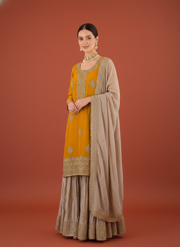 Designer Chinon Silk Wedding Sharara Set