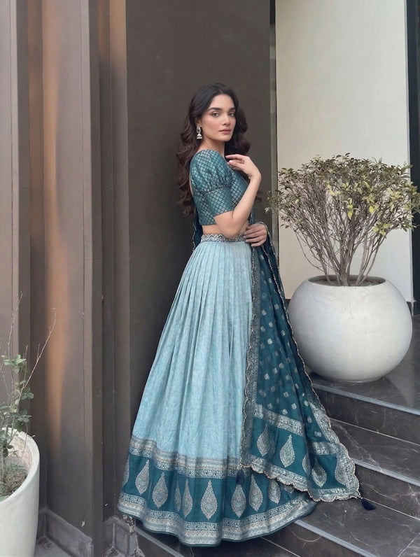 Kanchipuram Silk Pattu Lehenga Set with Silver Zari Weaving Butti Work