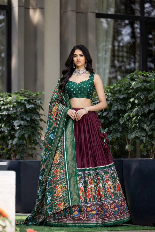 Traditional Patola Paithani Dola Silk Lehenga Print with Foil Work & Gotta Patti Lace Border with Tassels