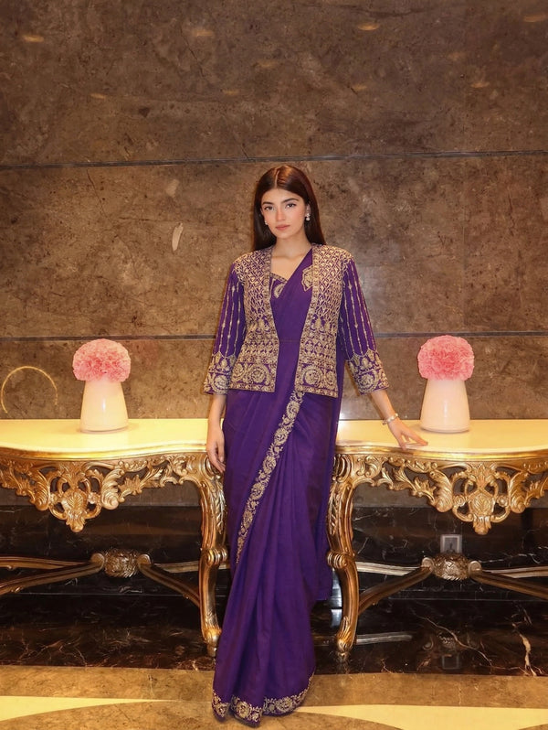 Elegant Embroidered Crepe Silk Saree Set with Sequins Lace Work