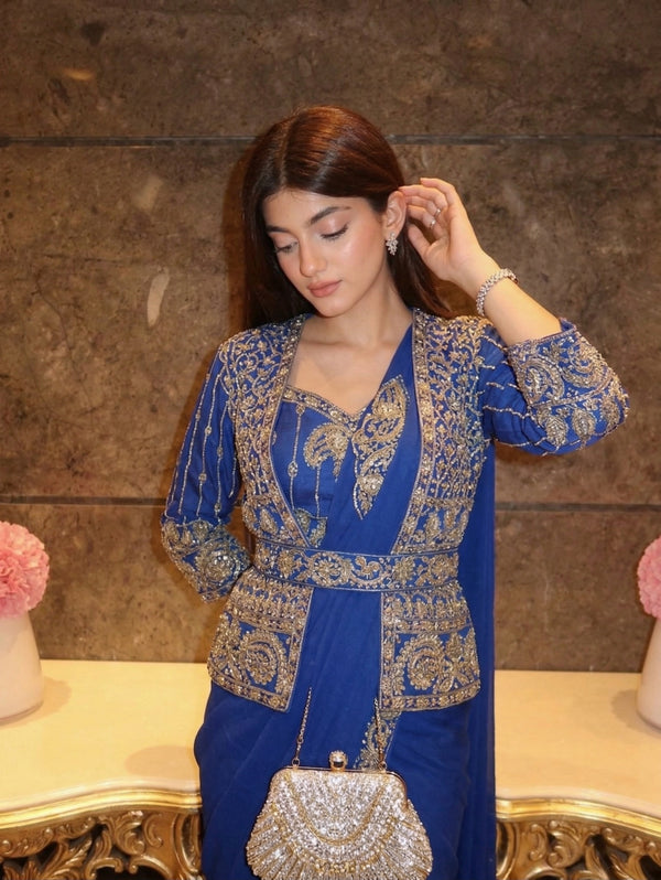 Elegant Embroidered Crepe Silk Saree Set with Sequins Lace Work