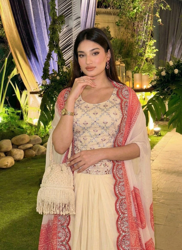 Elegant Crepe Silk Indo-Western Dhoti Set with Bandhani Dupatta with Embroidery Sequins with Real Mirror Work