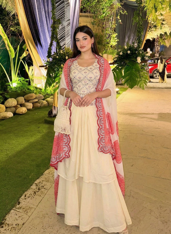 Elegant Crepe Silk Indo-Western Dhoti Set with Bandhani Dupatta with Embroidery Sequins with Real Mirror Work