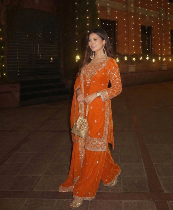 Faux Georgette Thread & Sequins Embroidered 3-Piece Suit Set