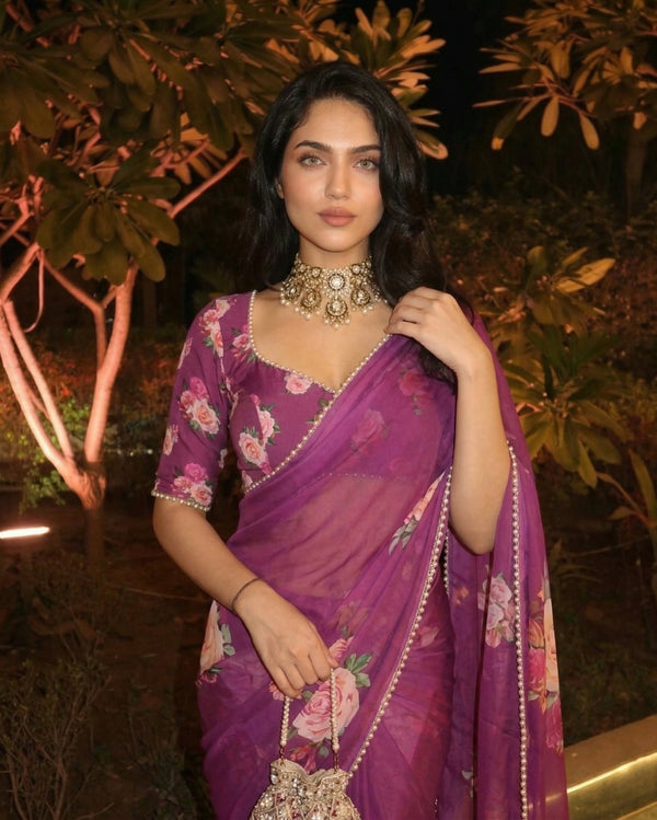 Printed Georgette Saree with Pearl Lace Border