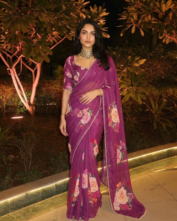 Printed Georgette Saree with Pearl Lace Border