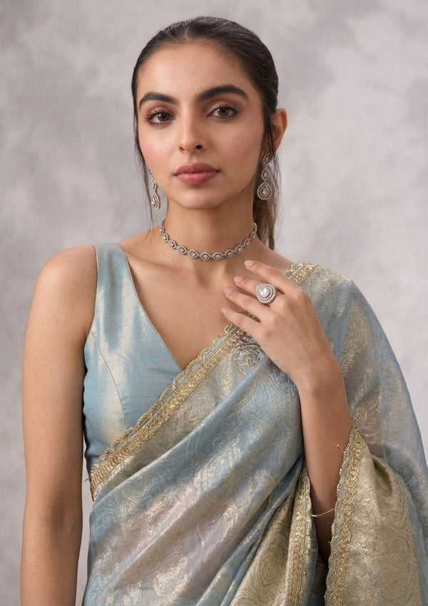 Tissue Shimmer Zari Weaving Sequins Lace Designer Saree