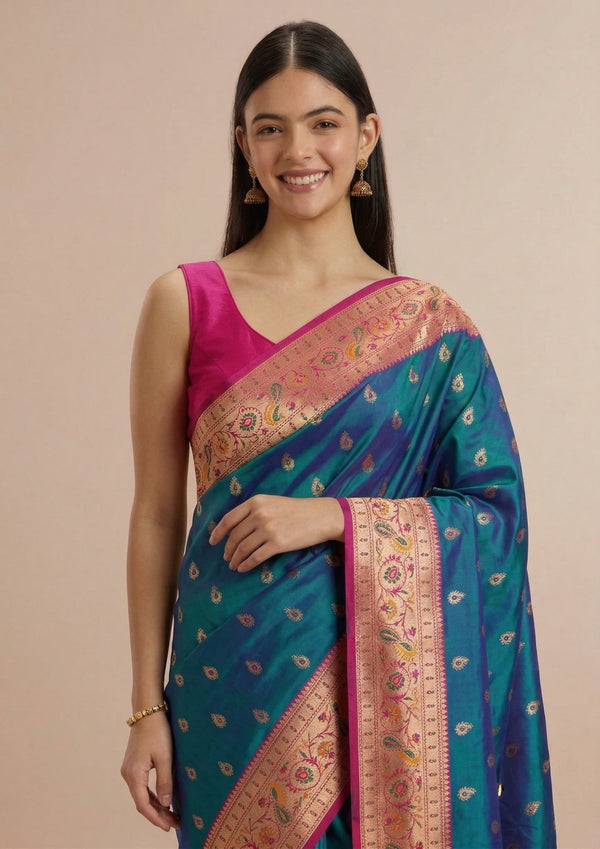 Soft Paithani Silk Zari Weaving Meenakari Designer Saree