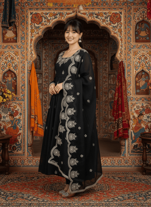 Elegant Embroidered Sequence Designer Anarkali Three Piece Set with Embroidery Sequence Work