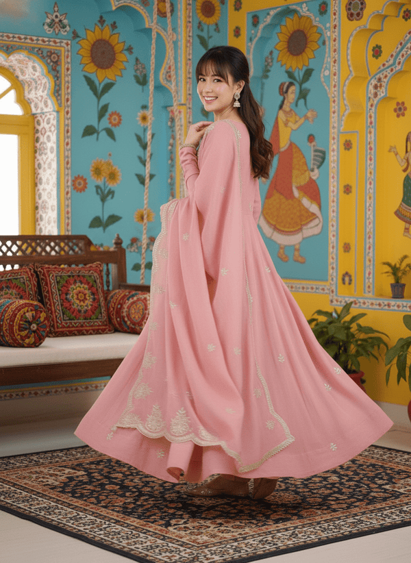 Elegant Embroidered Sequence Designer Anarkali Three Piece Set with Embroidery Sequence Work