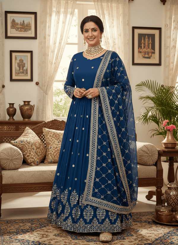 Elegant Embroidered Sequence Designer Anarkali with Heavy Embroidery Sequence Work on blouse and Heavy Faux Georgette Dupatta