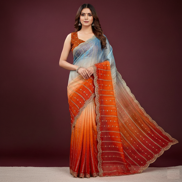 Glossy Dual Shade Fendy Satin Saree with Sequins Work