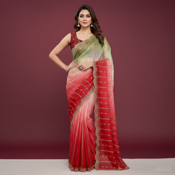 Glossy Dual Shade Fendy Satin Saree with Sequins Work