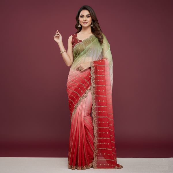 Glossy Dual Shade Fendy Satin Saree with Sequins Work