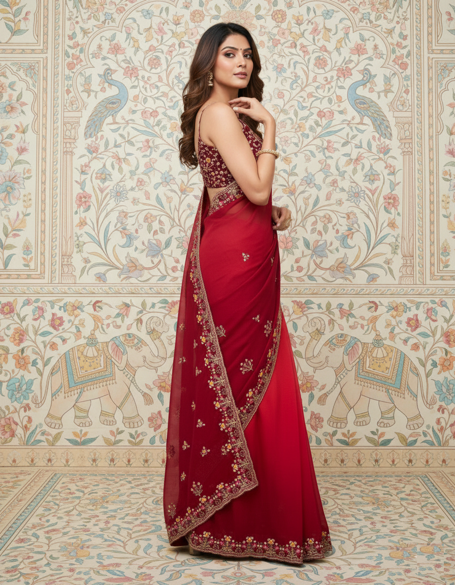 Elegant Georgette Embroidered Party Wear Saree with  Running Embroidery Blouse