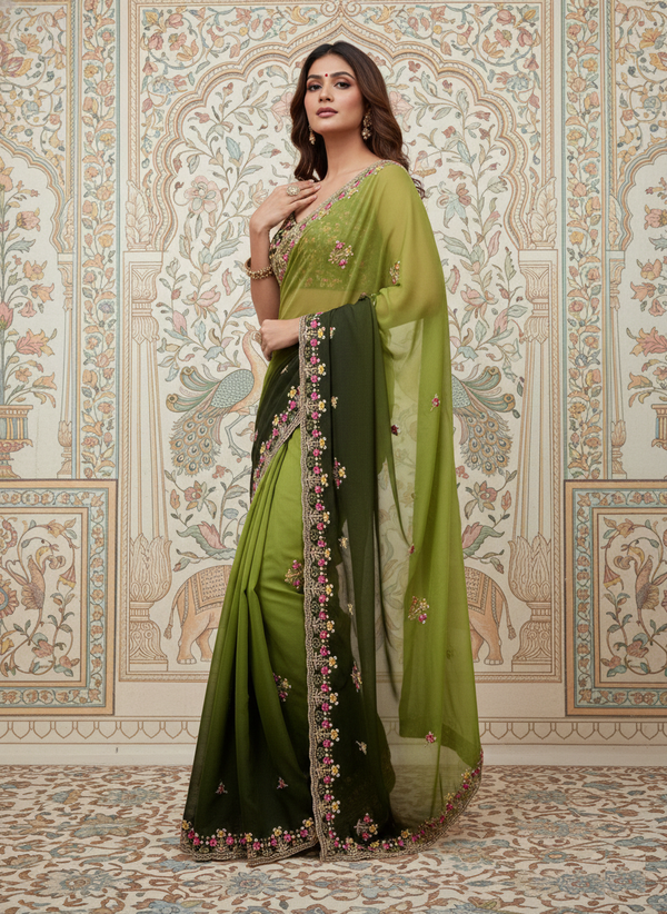 Elegant Georgette Embroidered Party Wear Saree with  Running Embroidery Blouse