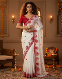 Model showcasing a dazzling Banarasi Crush Sequins Party Wear Saree with intricate cording embroidery by Ree Fashion