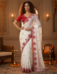Model showcasing a dazzling Banarasi Crush Sequins Party Wear Saree with intricate cording embroidery by Ree Fashion