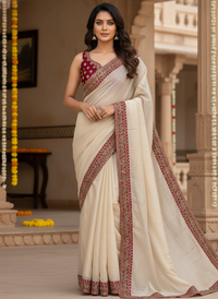 Model showcasing a dazzling Banarasi Crush Sequins Party Wear Saree with intricate cording embroidery by Ree Fashion