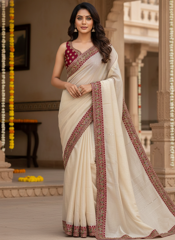 Banarasi Crush Sequins Party Wear Saree with  Cording Sequins Embroidery